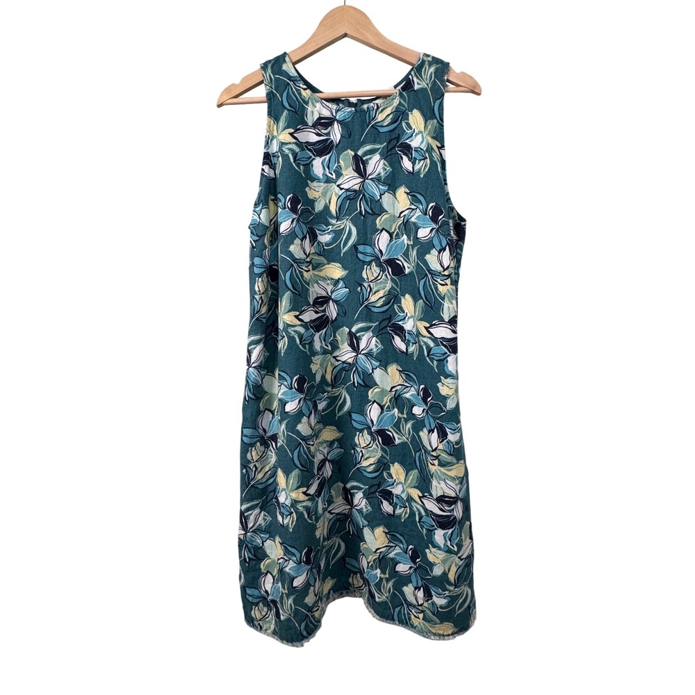 Garnet Hill Linen Fringe-Hem A-Line Dress Teal Floral Sleeveless Coastal Size 14